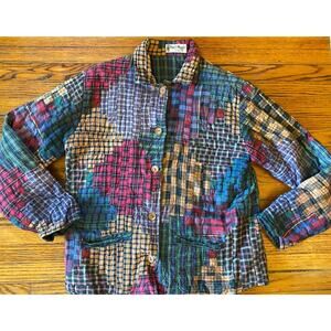 VTG Patchwork Plaid Quilt Coat 90s Barn Jacket Reversible Wood Buttons Women’s S